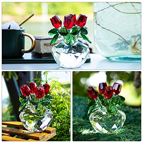 Red Rose Figurine Ornament Spring Bouquet Crystal Glass Flowers Gift-Boxed